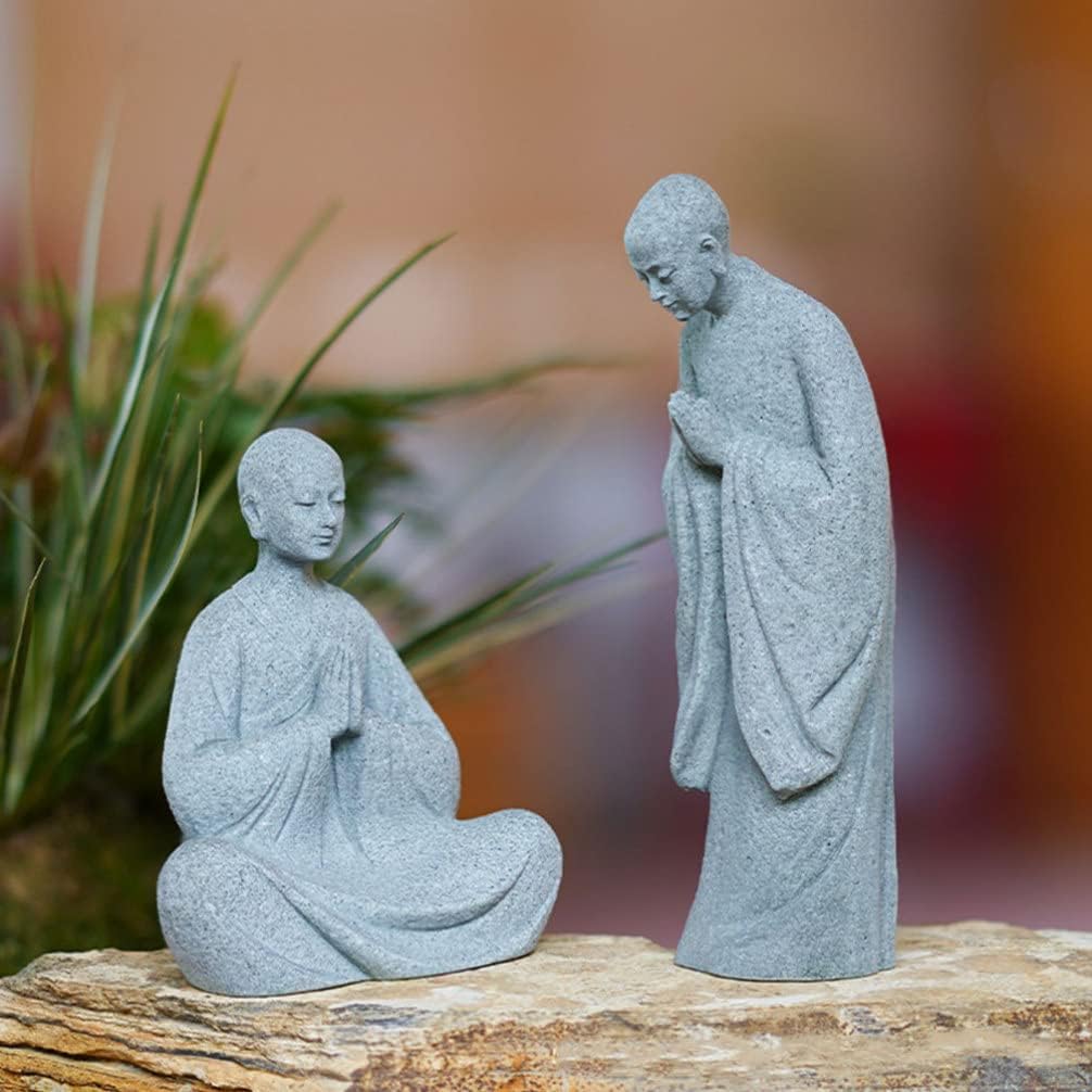 Happyyami Bonsái – 2 figuras de monje de piedra, estatuas de Buda zen, esculturas de monje de pie para paisaje al aire libre, decoración de jardín,