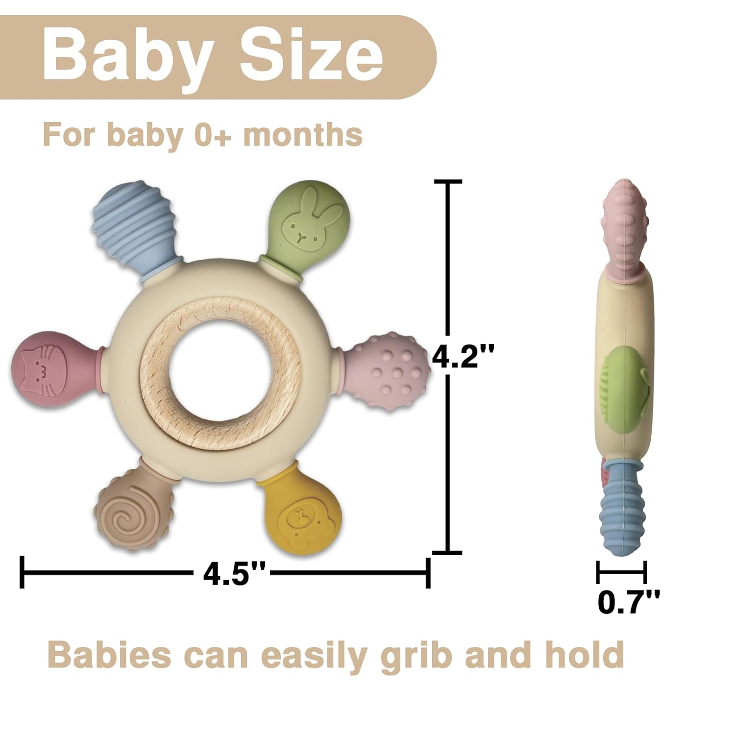 Juguetes de dentición de silicona, anillo de madera natural con cubierta de dentición de silicona, juguetes de dentición para bebés de 0 a 6 meses,