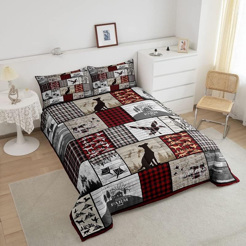 Feelyou Juego de ropa de cama de perro de caza de patos, juego de edredón rústico a cuadros, edredón de pato malardo, para niños, niñas,