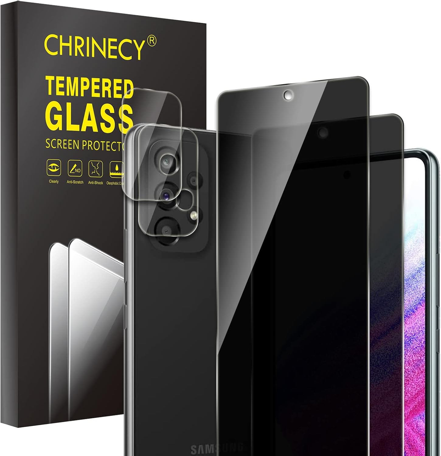 CHRINECY Paquete de 4 protectores de pantalla de privacidad compatibles con Samsung Galaxy A53 con 2 protectores de lente de cámara, dureza 9H,