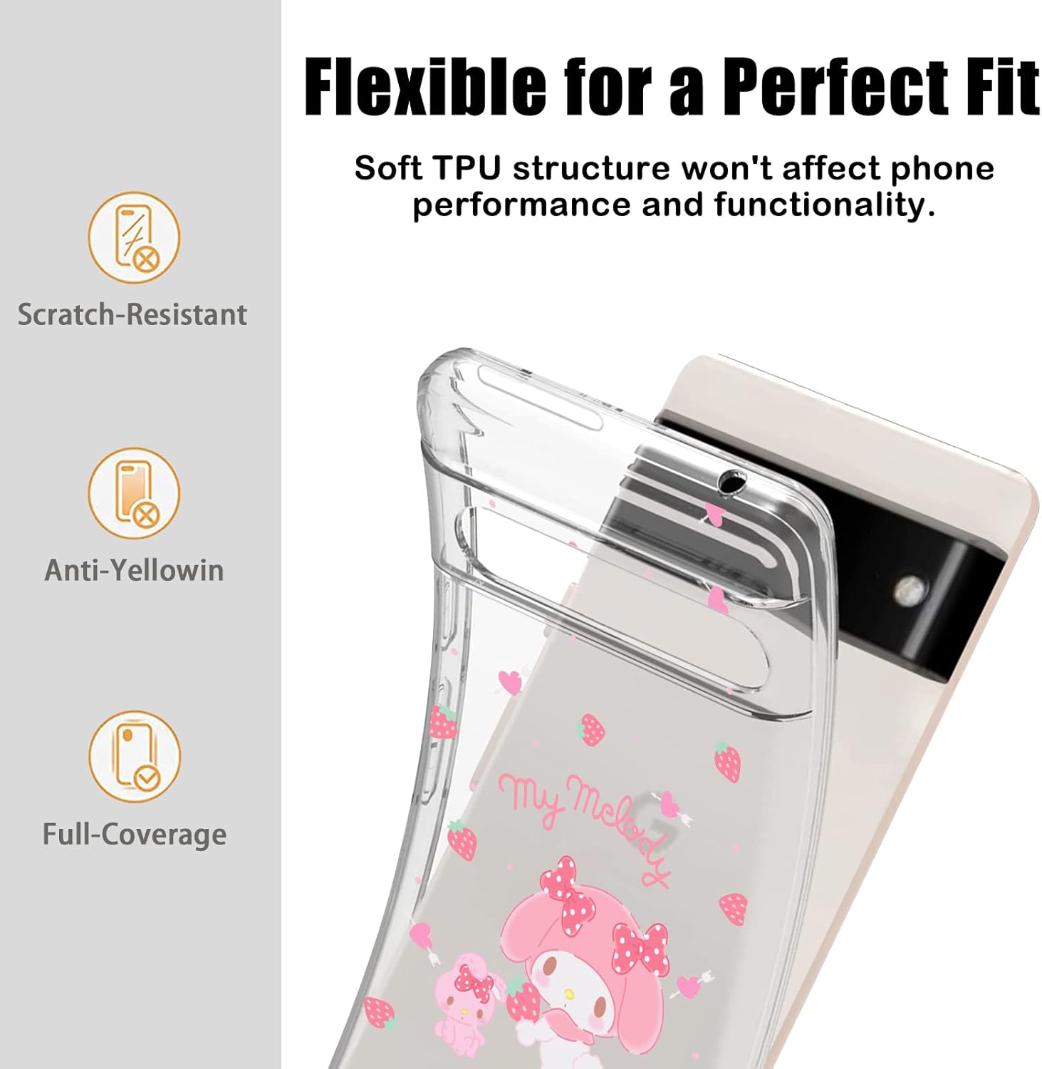 Bonita funda compatible con Google Pixel 7 de silicona transparente Pixel 7 con diseño de conejo de fresa, patrón kawaii delgado y suave TPU