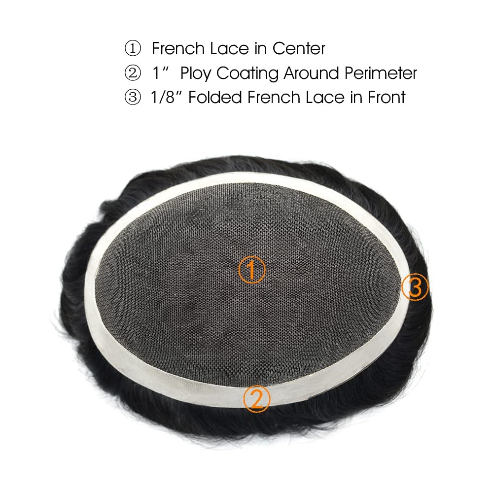Toupee para hombres, postizos, sistema de reemplazo de cabello de encaje francés para hombres, pieza de pelo polivinílico para hombres, sistema de