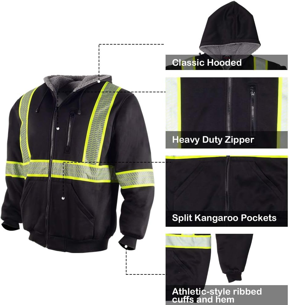 Sudadera reflectante de seguridad ANSI Clase 3 para hombre, de lana y forro polar, con cremallera y parte inferior negra (negro, XL)