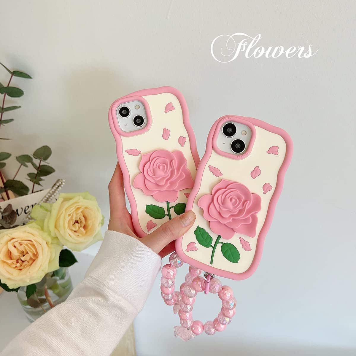 Funda para iPhone 11, linda funda 3D Kawaii para teléfono, diseño divertido de rosas y flores de dibujos animados con correa de mano, funda de