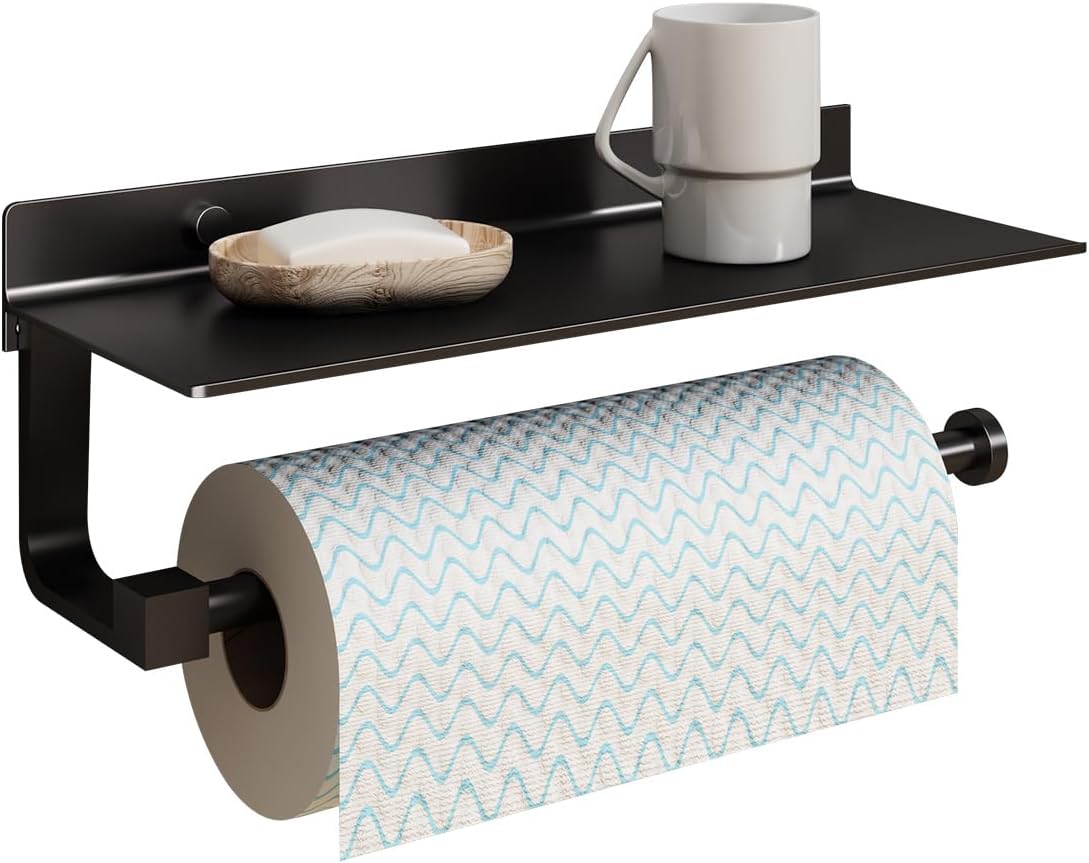 Soporte de pared para toallas de papel, para baño, toallero de mano para baño, soporte para toallas de papel negro con estante (negro mate)