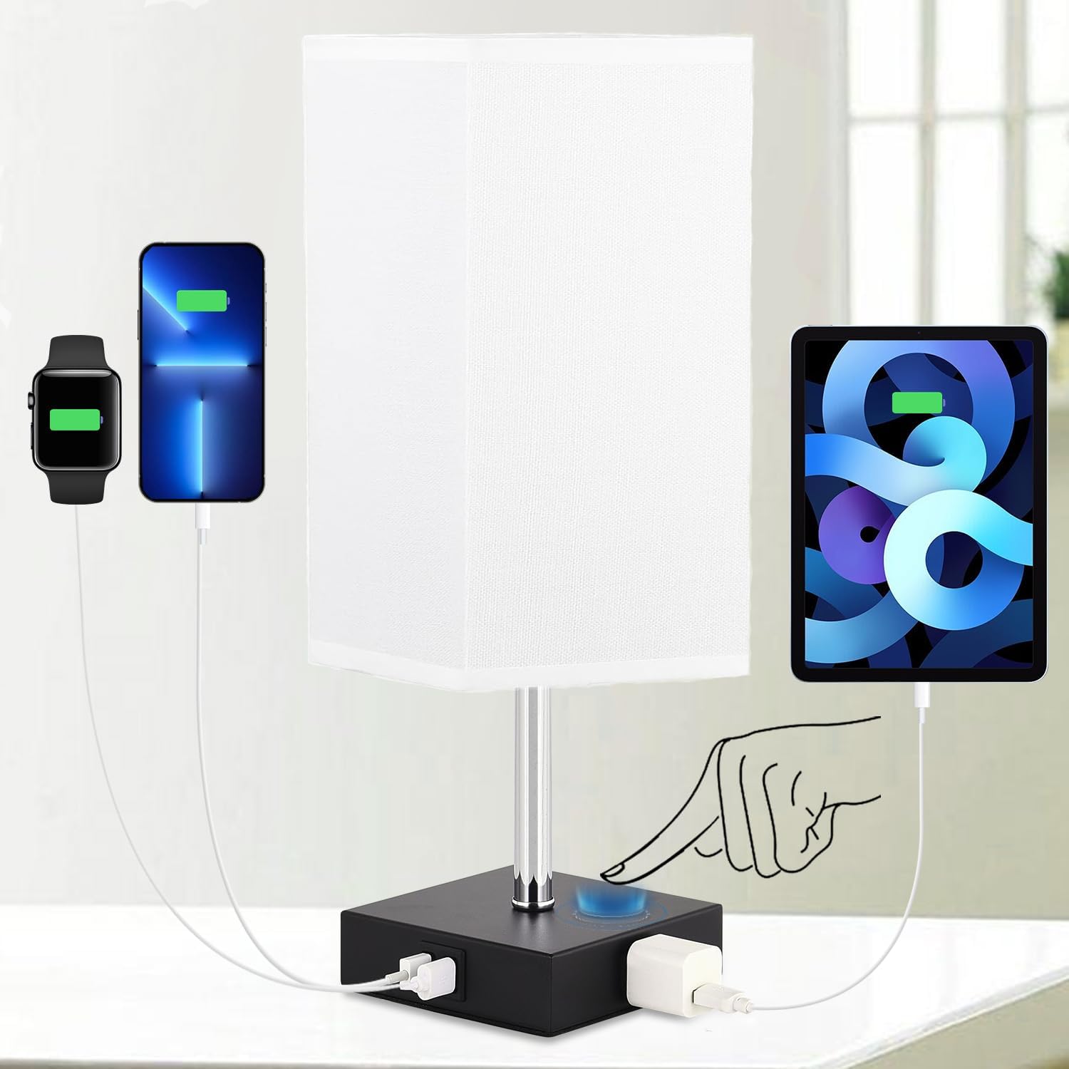 Lámpara de noche con control táctil, lámparas de mesa regulables de 3 vías con 2 puertos USB y tomacorriente, lámpara de mesita de noche para