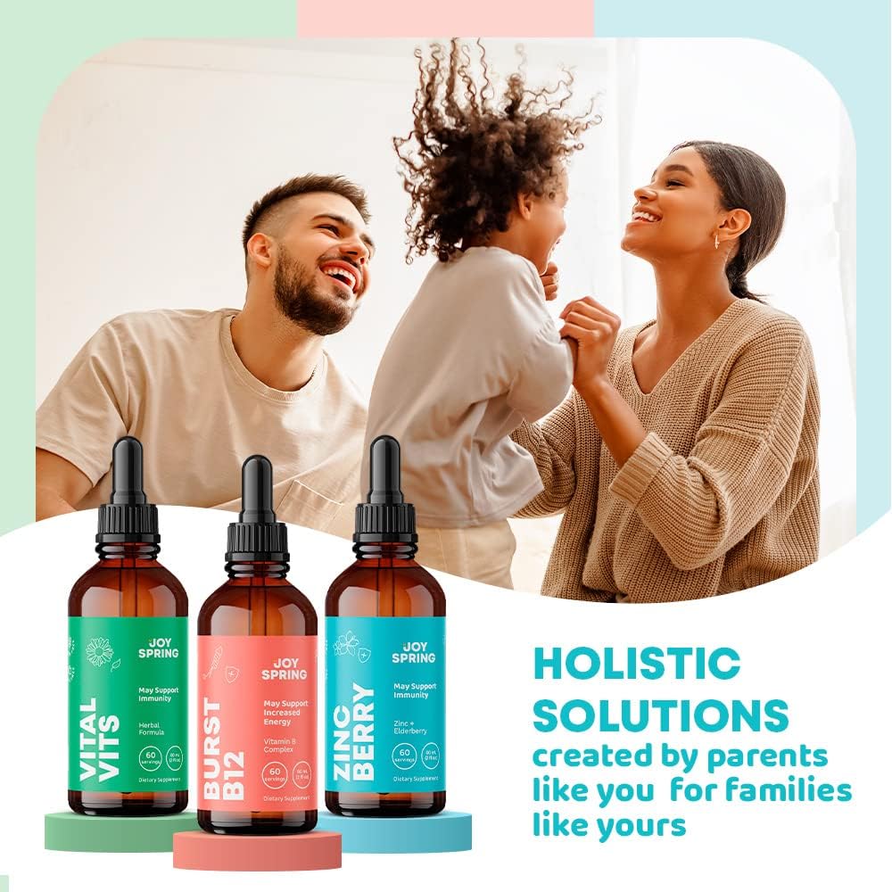 JoySpring Vital Vits, Burst B12 y Zincberry – Gotas de hierbas diarias naturales – Llena los huecos dietéticos – Paquete de regreso a la escuela –