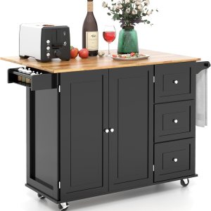 GOFLAME Carrito de isla de cocina con hoja caída, carrito de cocina con ruedas con parte superior de madera de goma, 3 cajones, toallero y estante GOFLAME Carrito de isla de cocina con hoja caída, carrito de cocina con ruedas con parte superior de madera de goma, 3 cajones, toallero y estante
