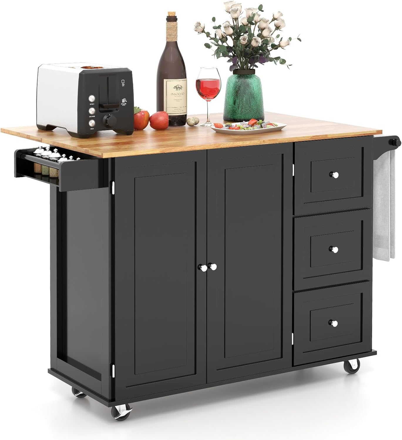 GOFLAME Carrito de isla de cocina con hoja caída, carrito de cocina con ruedas con parte superior de madera de goma, 3 cajones, toallero y estante