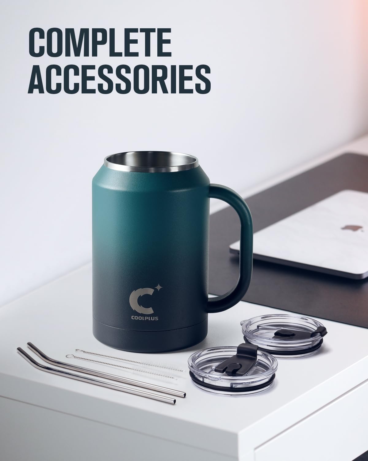 Coolplus Vaso de 32 onzas con asa y pajilla, taza de café de acero inoxidable con aislamiento de viaje con tapa 2 en 1, doble pared de metal que