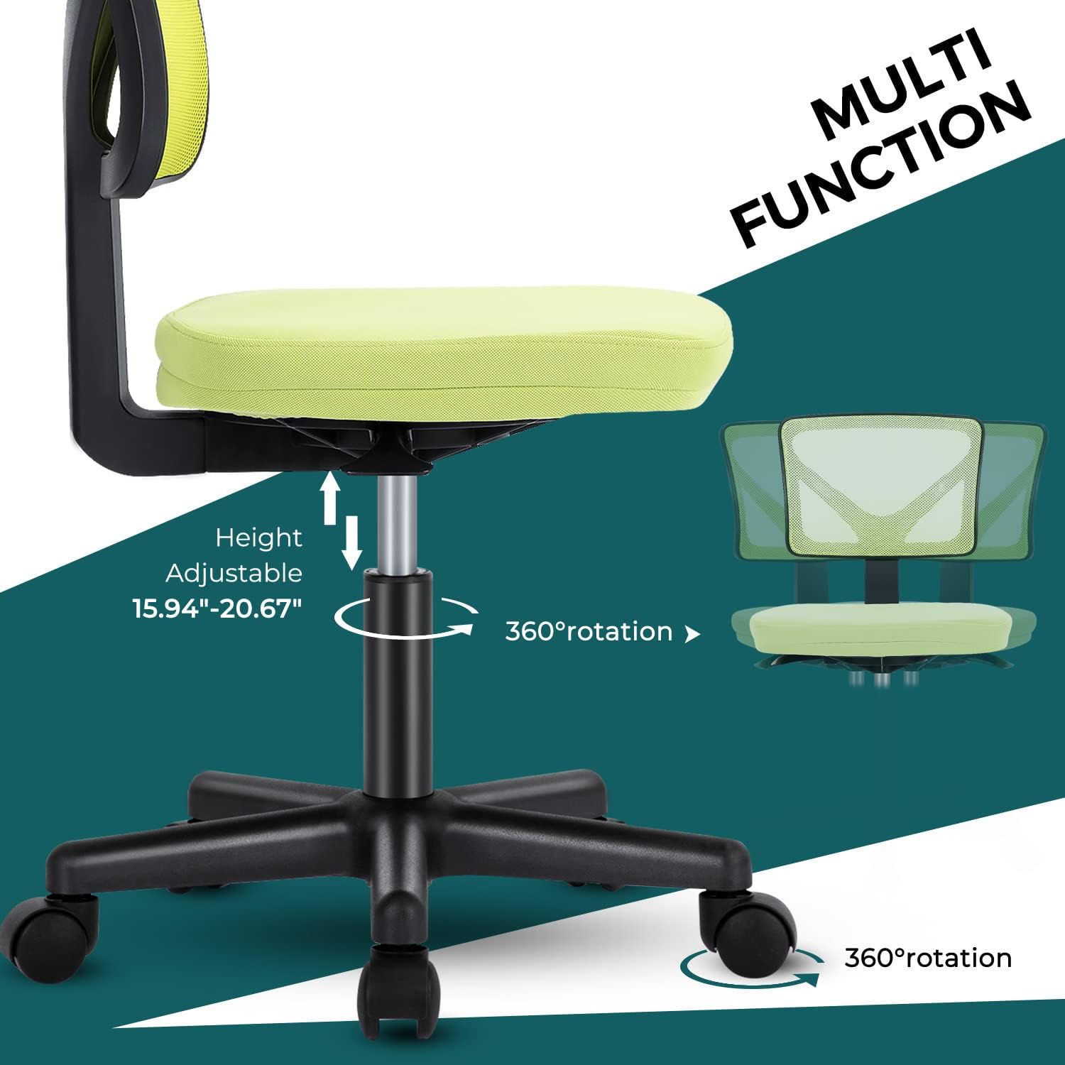 DUMOS Sillas de escritorio sin brazos con ruedas, bonita silla de oficina en casa, sin brazos, ergonómica ajustable giratoria, silla de trabajo con