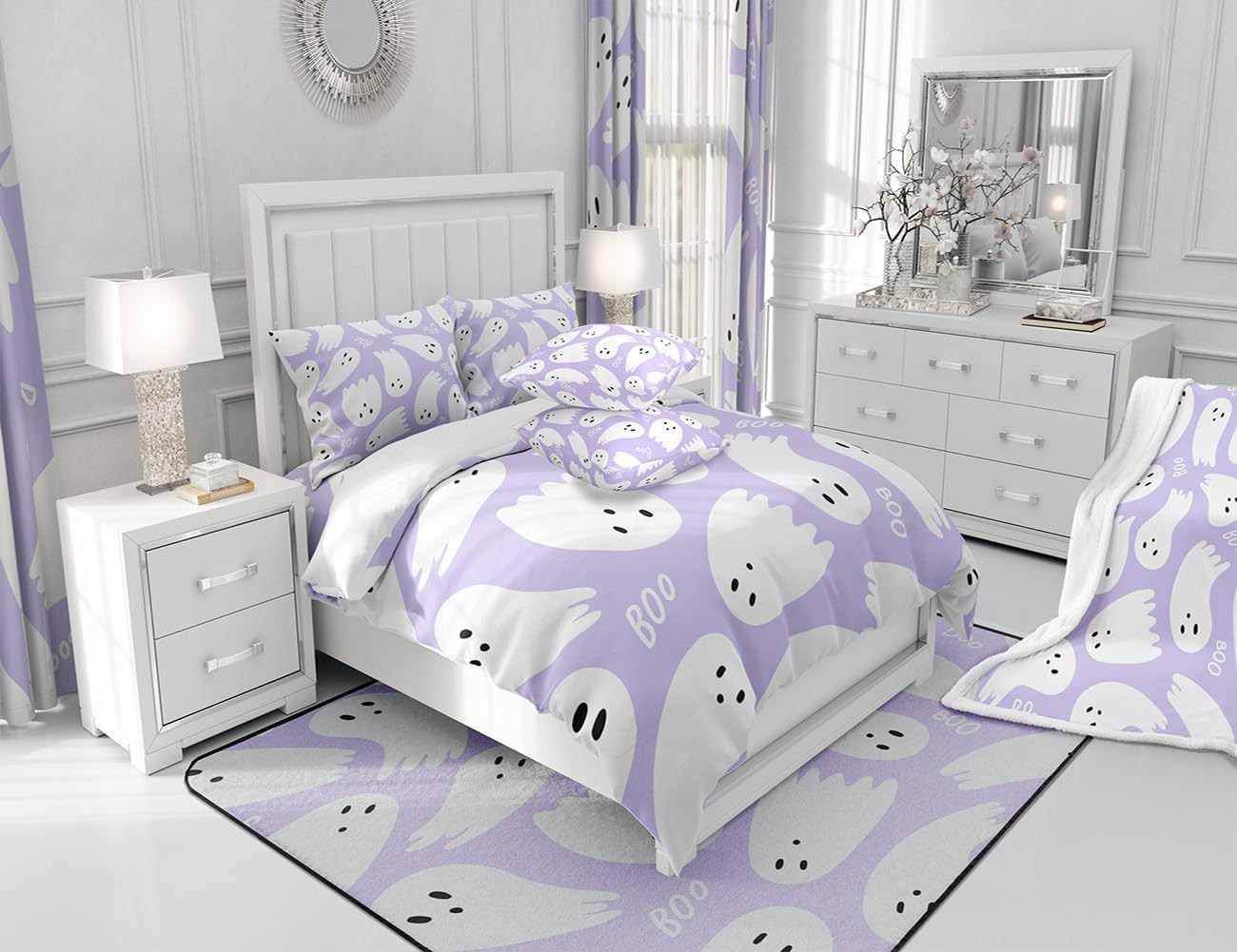 Juego de edredón para niños y niñas, estilo caricatura, color morado, tamaño matrimonial, juego de edredón de fantasmas kawaii, decoración de