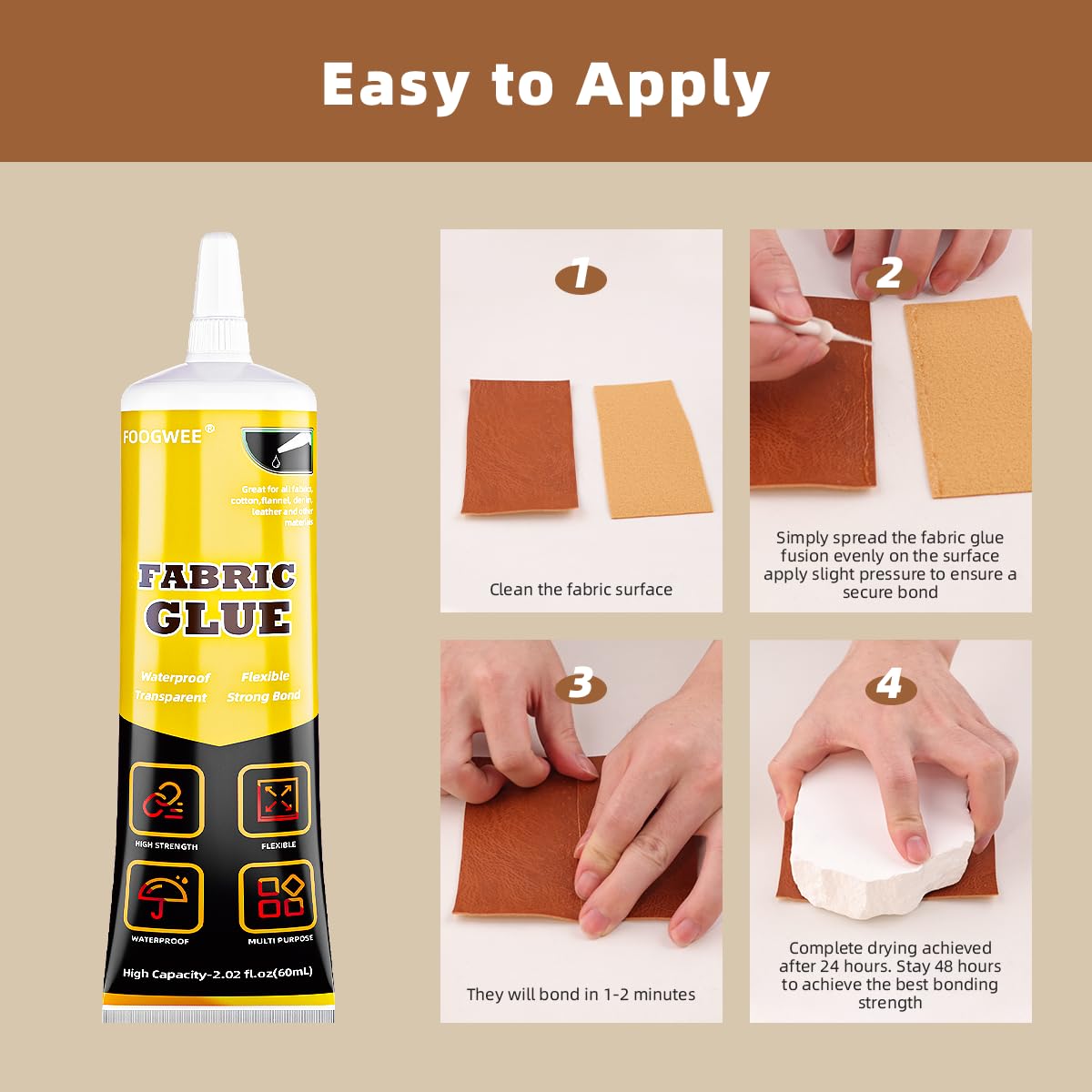 Fabric Glue Permanent – 60ml Sewing Glue for Clothing Permanent Washable, Liquid Fabric Stitch Glue for All Leather, Fabrics, Denim, Flannel,
