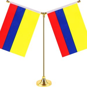 Bandera colombiana de escritorio con bandera de Columbia, pequeñas banderas de mesa de oficina de Columbia con base de soporte, palo de metal Bandera colombiana de escritorio con bandera de Columbia, pequeñas banderas de mesa de oficina de Columbia con base de soporte, palo de metal