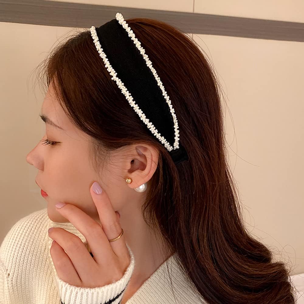 Diadema ancha con cuentas simples, diadema con cuentas para el cabello, banda elástica negra para mujeres y niñas