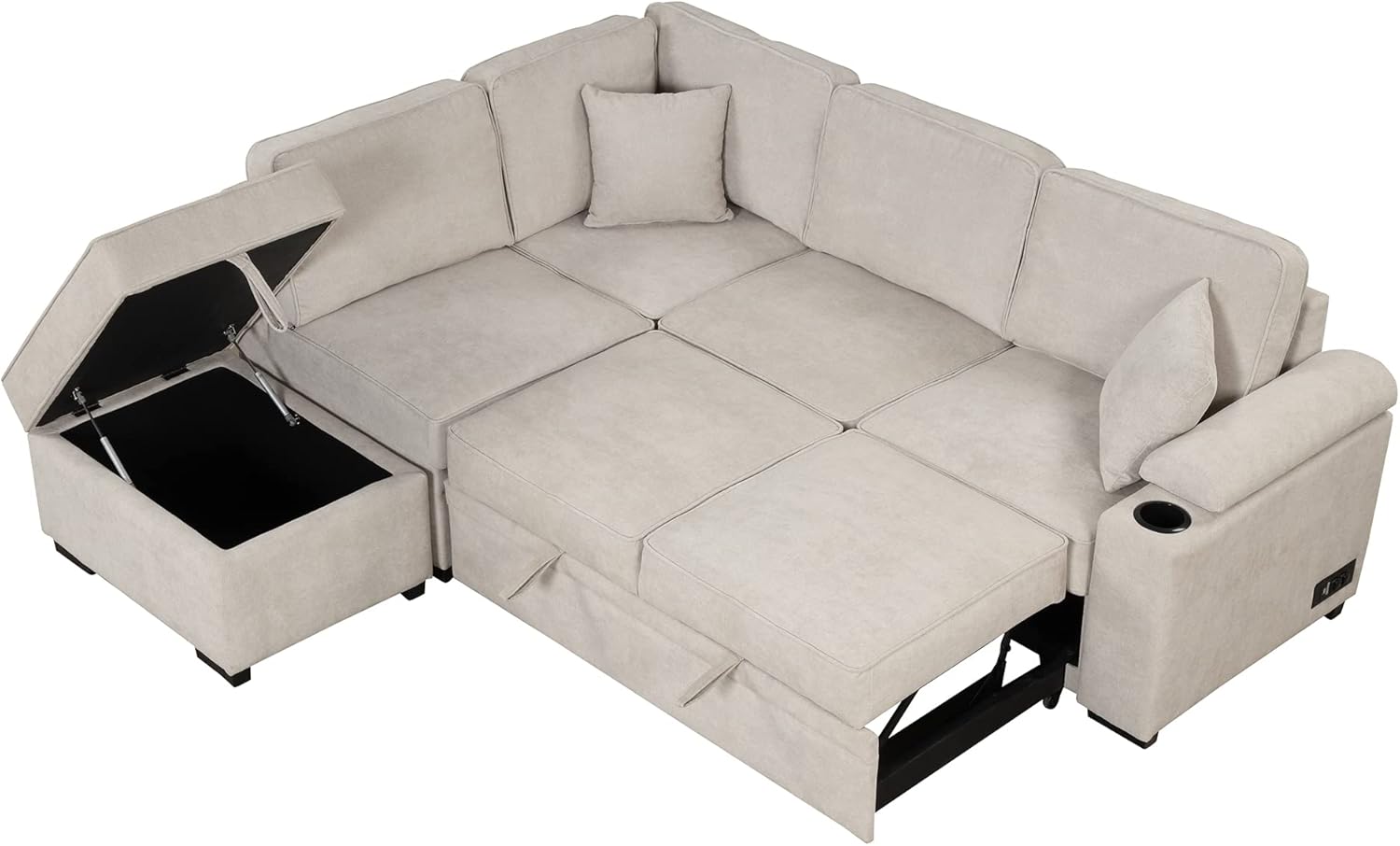Sofá cama modular con cama extraíble y diván, sofá convertible 2 en 1 en forma de L con otomana de almacenamiento, carga USB y soporte para tazas,