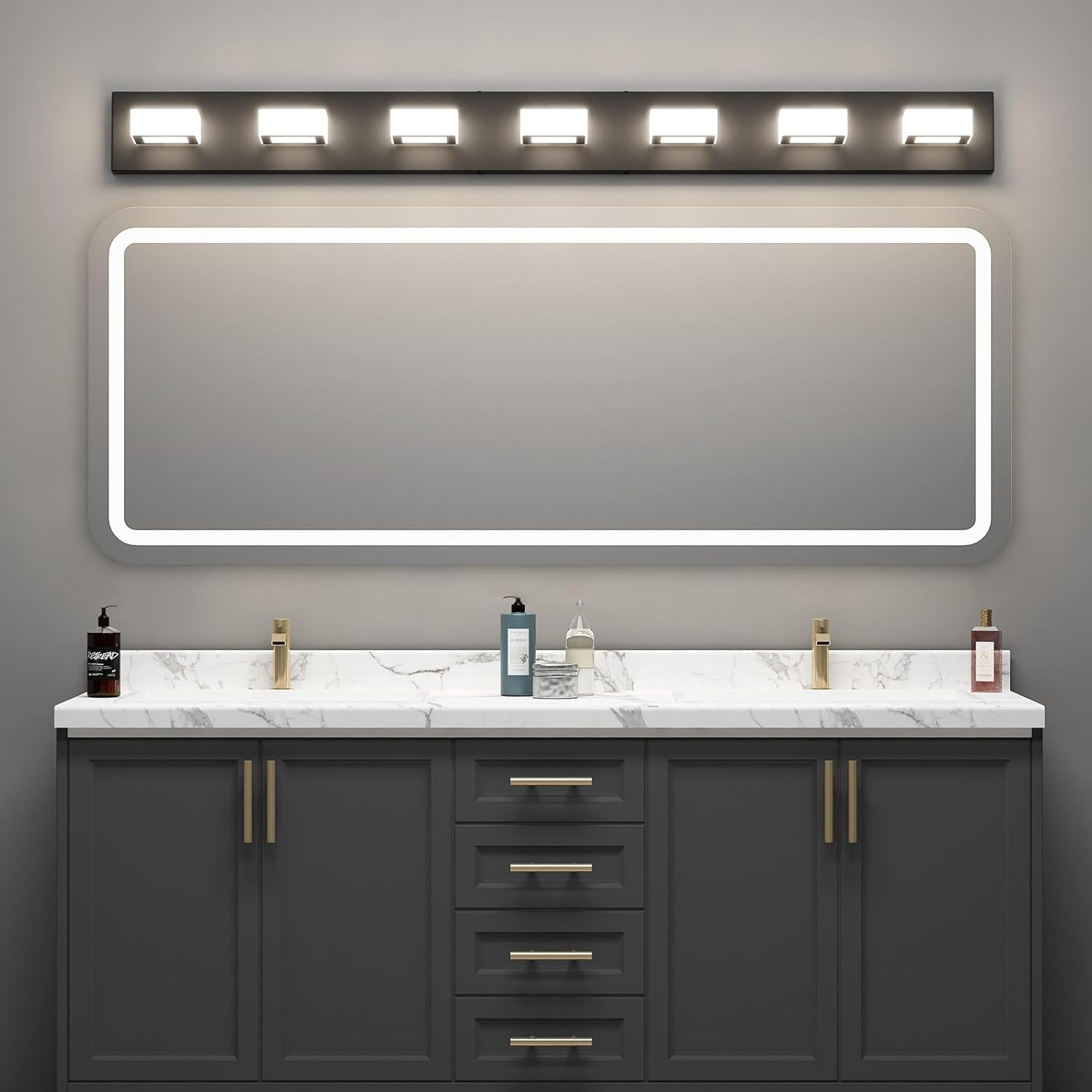 Ralbay Luces LED de tocador de 46 pulgadas color negro mate, 7 luces acrílicas de metal negro, modernas luces de tocador de baño negras sobre espejo