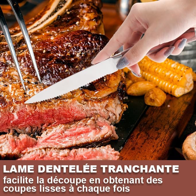 LUVCOSY Pakkawood – Juego de 6 cuchillos de carne dentados de acero inoxidable con mango de madera de Pakka, juego de cuchillos de cena de borde