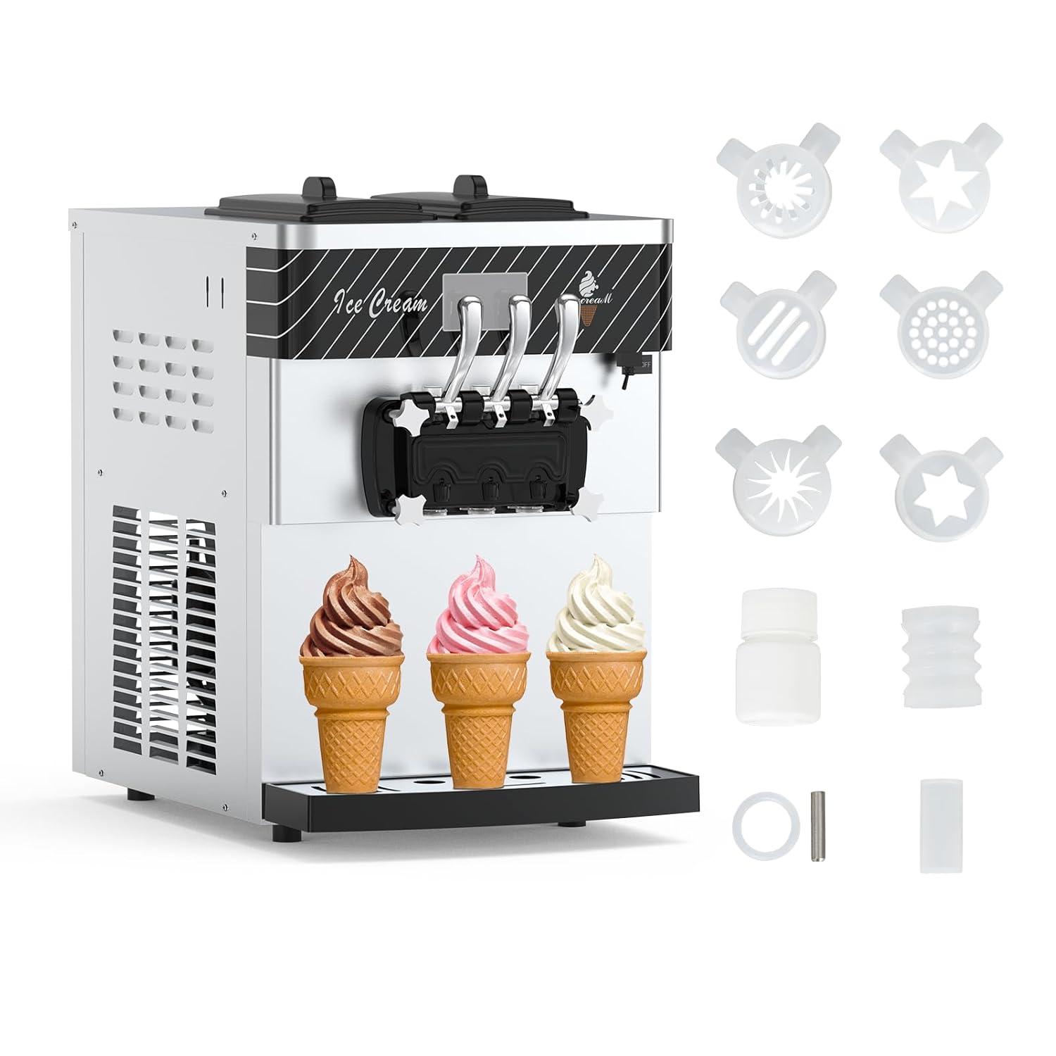 Máquina de helado comercial, rendimiento de 5.8-8 galonesH, 3 sabores para encimera, máquina de yogur de helado suave con 2 tolvas de 7 L y 2