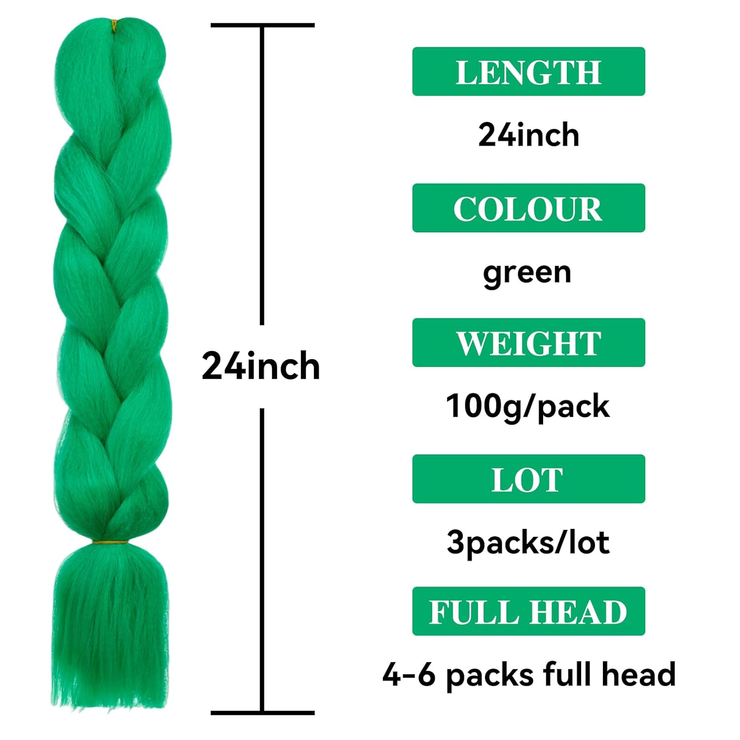 HAIRCUBE Cabello trenzado verde de 24 pulgadas, 3 paquetes de trenzas de caja preestiradas, extensiones de cabello trenzado trenzado de ganchillo