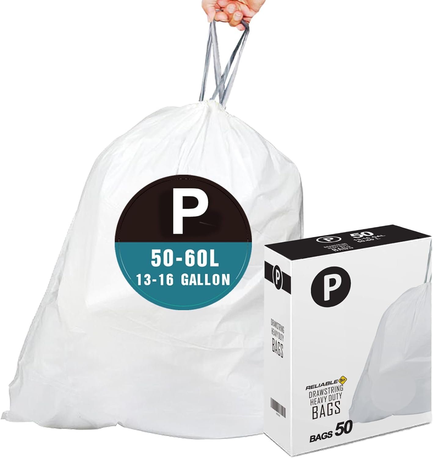 Code P Bolsas de basura resistentes con cordón reforzado para 13-16 galones  50-60 litros compatibles con código P (50 unidades)  Revestimientos de