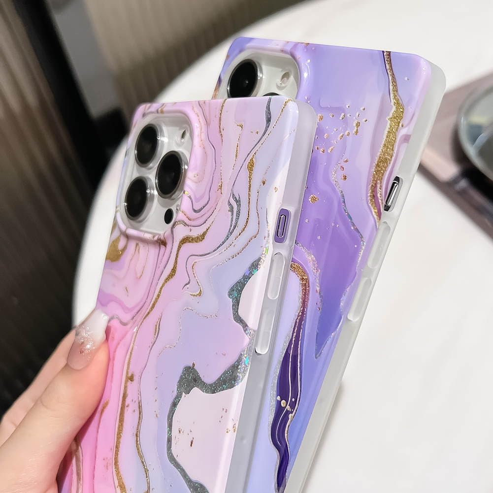 KERZZIL Funda de lujo con diseño de mármol con purpurina para iPhone 12 Pro Max, con borde cuadrado, elegante y delgado, chapado en oro, goma de