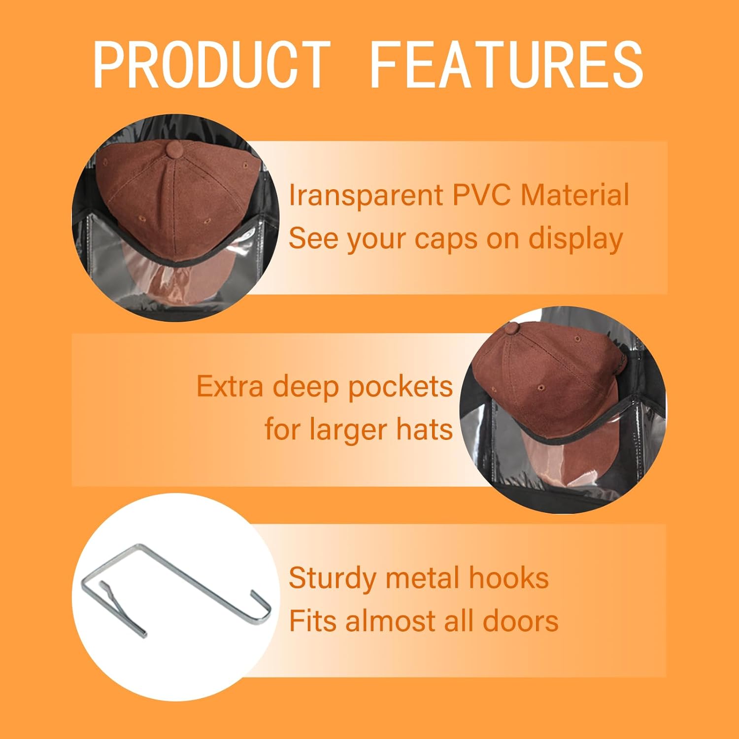 27 Pockets Hat Rack For Baseball Caps, Baseball Hat Organizer for Wall&Over the Door, Caps Hat Holder Hanger For Closet With Large Clear Pockets