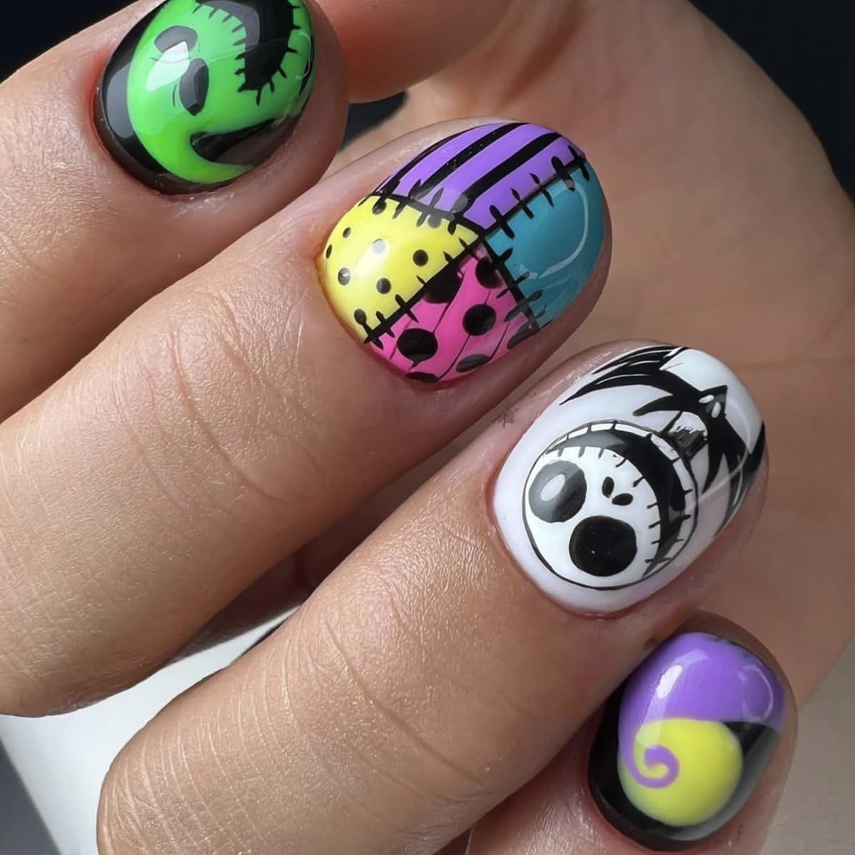 Uñas postizas cortas a presión con punta francesa de Halloween, uñas postizas coloridas cuadradas, con pegamento, cara de fantasma, uñas postizas