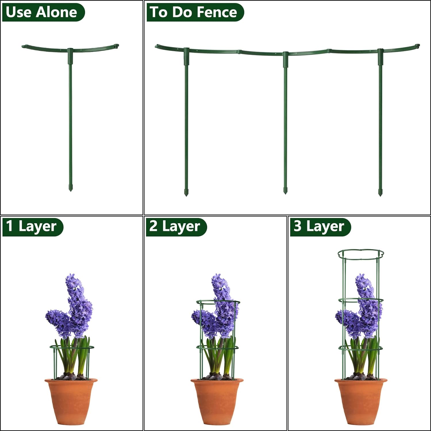 Paquete de 12 estacas de soporte para plantas semicirculares, soporte apilable de 3 niveles para flores de jardín, estacas para plantas de interior