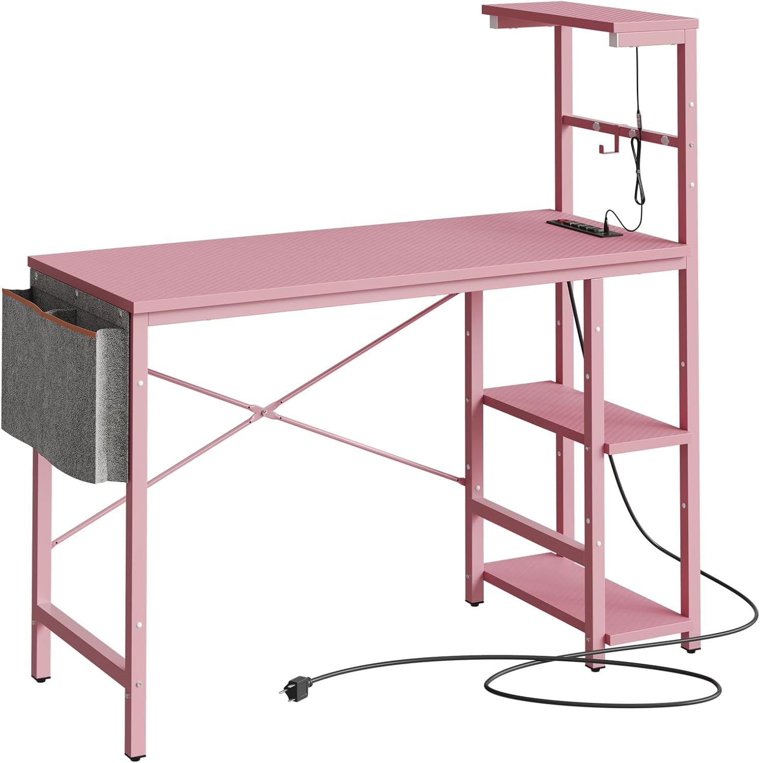 Bestier Escritorio rosa para juegos con tomas de corriente, escritorio LED para jugadores de 44 pulgadas con estantes reversibles de 4 niveles,