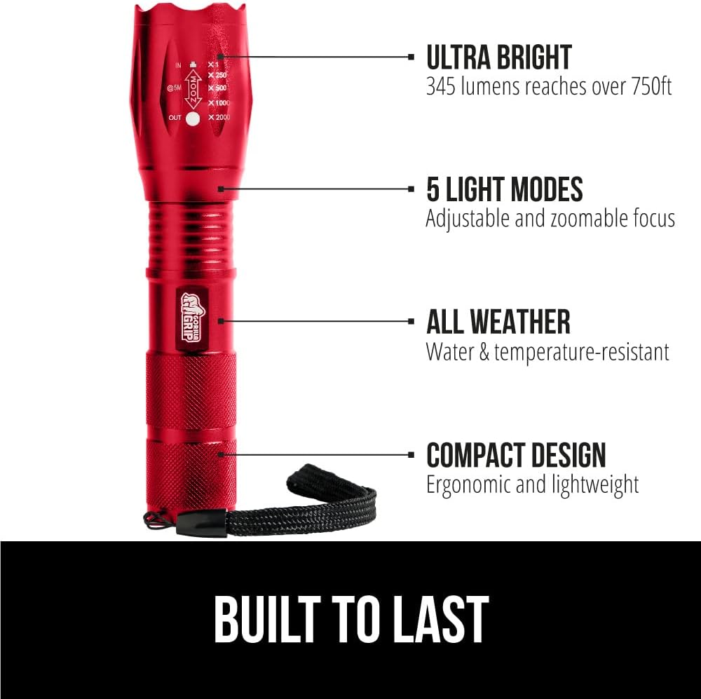 Gorilla Grip Linterna táctica LED pequeña y potente, ultrabrillante, 5 modos ajustables, alcance hasta 750 pies, impermeable, batería de larga