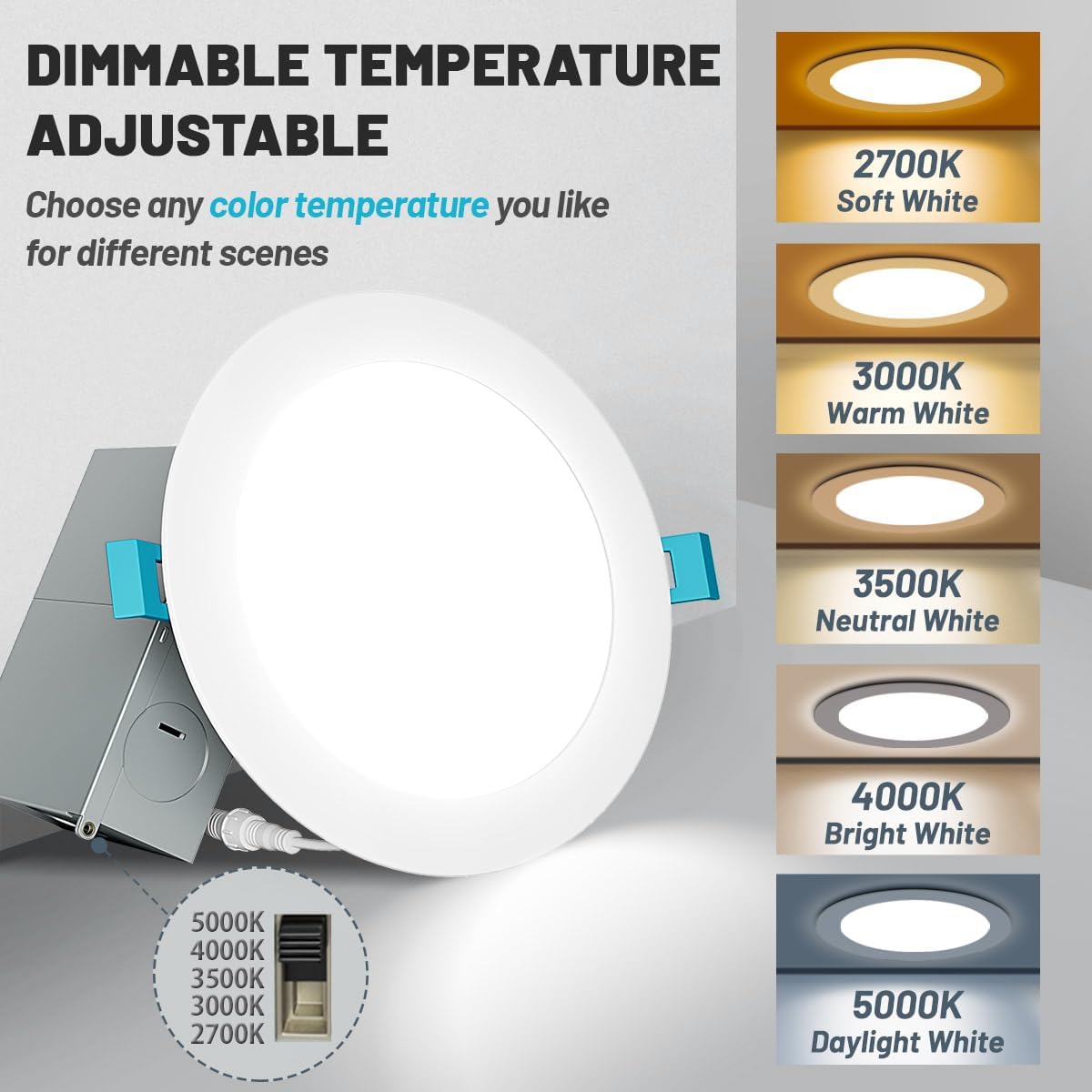 Allsmartlife 12-Pack 6 Inch LED Recessed Light, 5CCT 2700K-3000K-3500K-4000K-5000K 14W150W 1200LM Dimmable Ultra-Thin Canless LED Recessed Lighting,