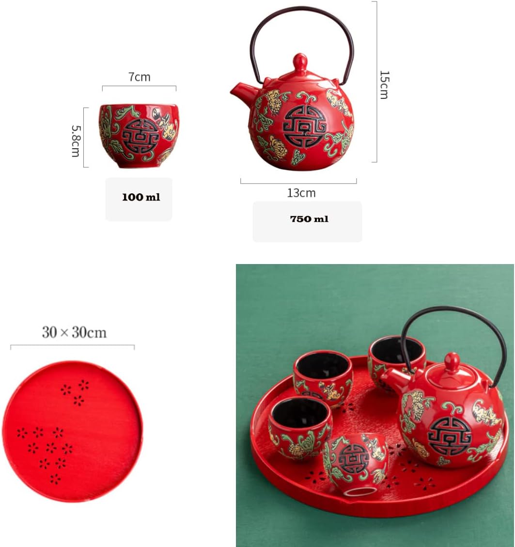 TANFEI Juego de té tradicional de cerámica china, juego de té para fiesta de ceremonia de boda, tetera de porcelana roja china con tazas de té y