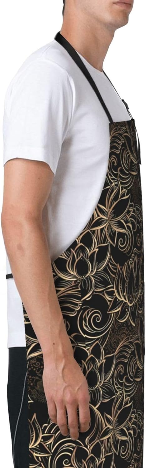 JENKEM Delantal impermeable de flores de loto dorado boho con bolsillos delantales de cocina ajustables babero de cocina para hornear hogar