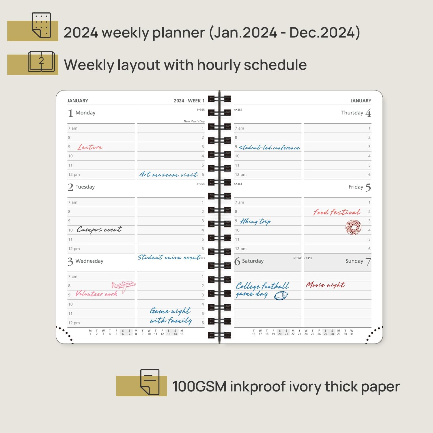POPRUN – Agenda 2024 (4 x 6.25 pulgadas), calendario bolsillo semanal y mensual (enero 2024 – diciembre 2024), pequeña, con franjas horarias, tapa