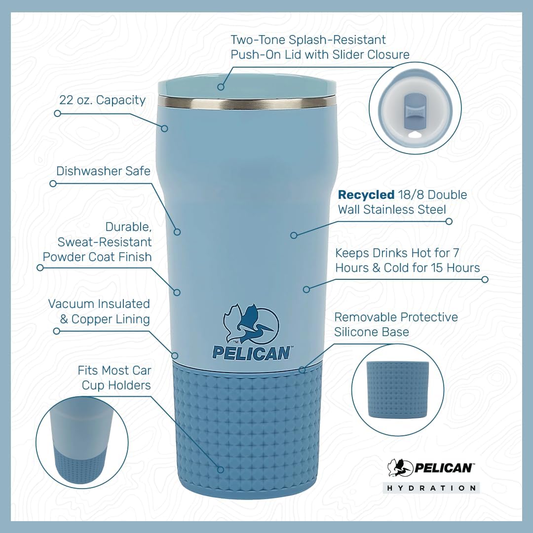 Pelican Hydration Pelican Cascade – Vaso aislado al vacío de 22 onzas, acero inoxidable reciclado de doble pared de viaje con doble tapa, taza de