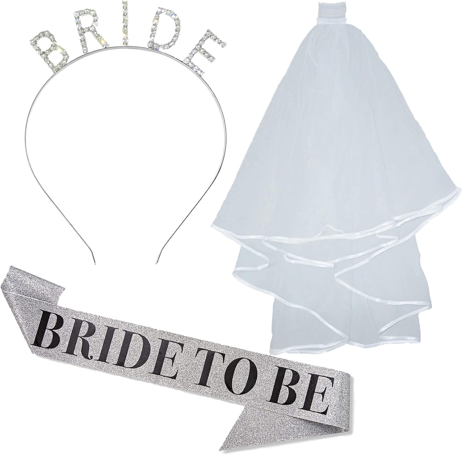 Juego de diademas de novia plateadas y velo de novia blanco con peine y banda plateada para novia, 3 piezas con brillantina, regalos de despedida de