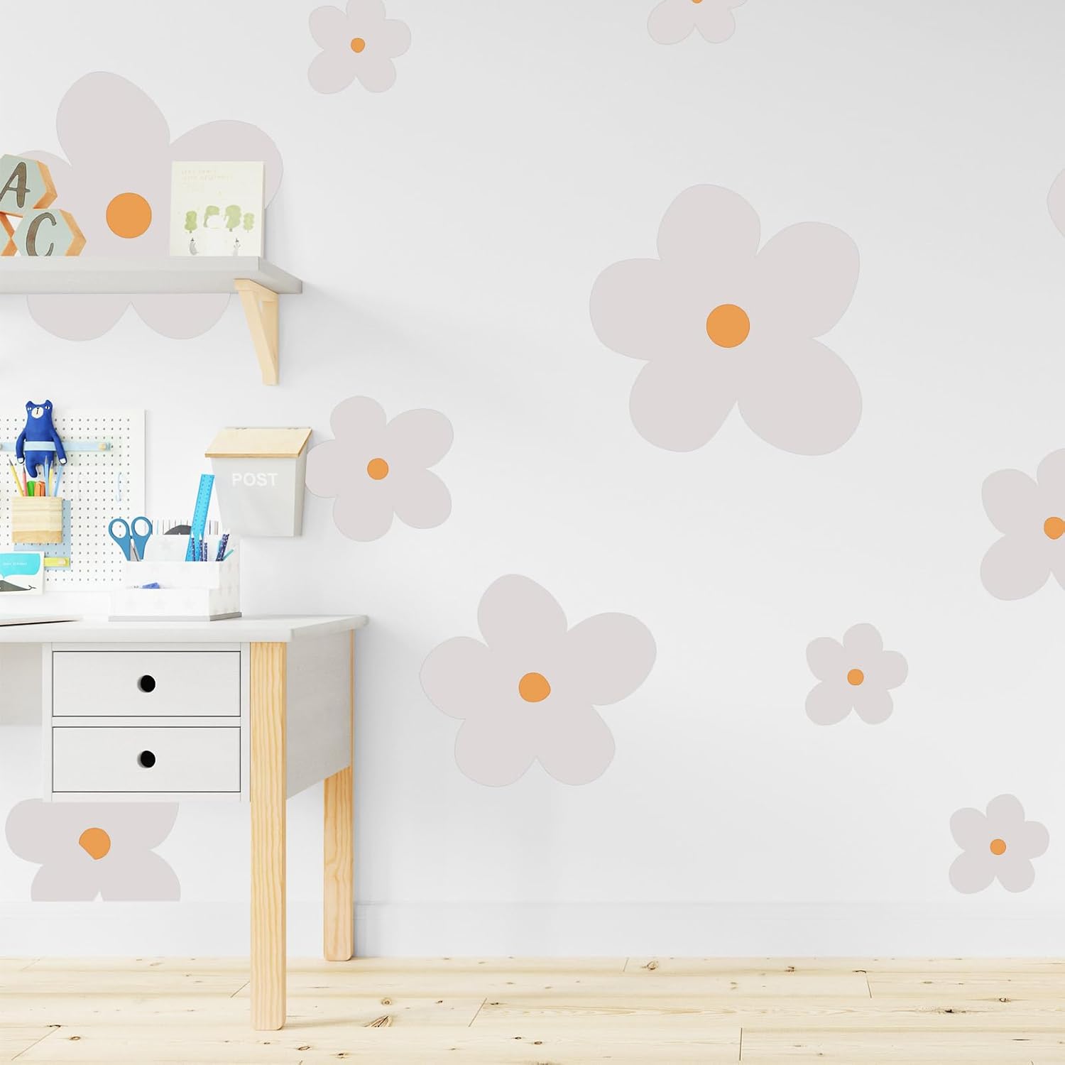 Whaline 28 calcomanías de pared de margaritas grandes, diseño de margaritas boho, beige, despegar y pegar, decoración de pared floral, vinilo para