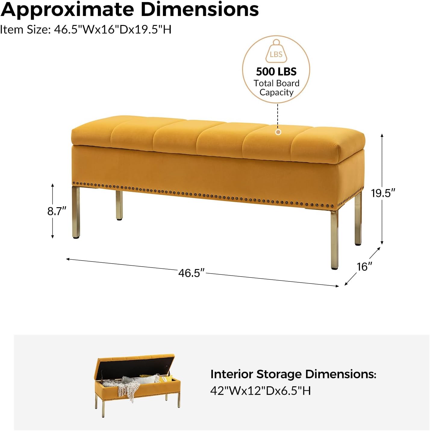 HULALA HOME Banco otomano moderno de terciopelo con tapa abatible con borde de clavos, banco tapizado para dormitorio para el extremo de la cama,