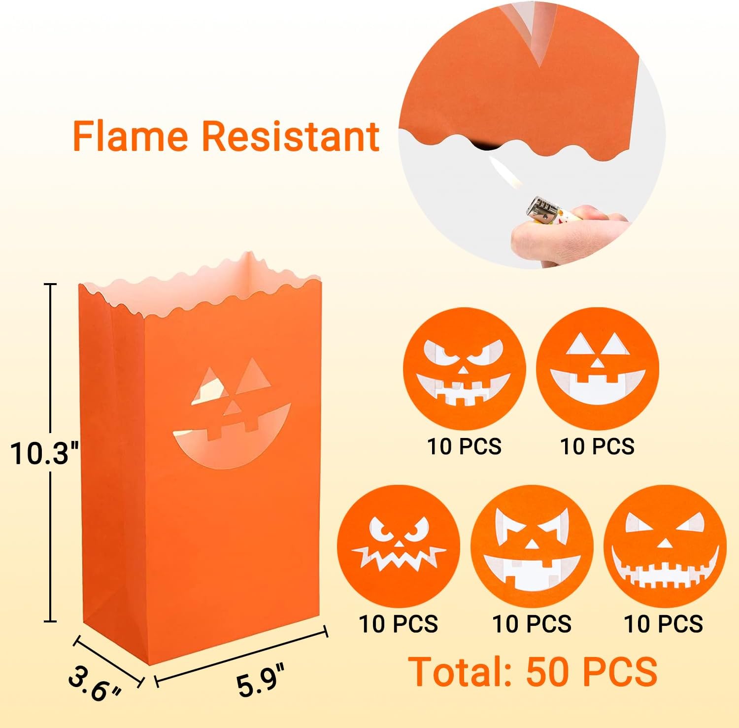 50 bolsas luminarias de Halloween, bolsas para velas resistentes al fuego, portavelas de té Jack-o’-Lantern para decoraciones de fiesta de Halloween