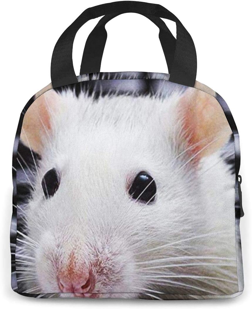 Adorable bolsa de almuerzo aislada con rata blanca para mujeres y hombres, bolsa de almuerzo reutilizable con bolsillo frontal