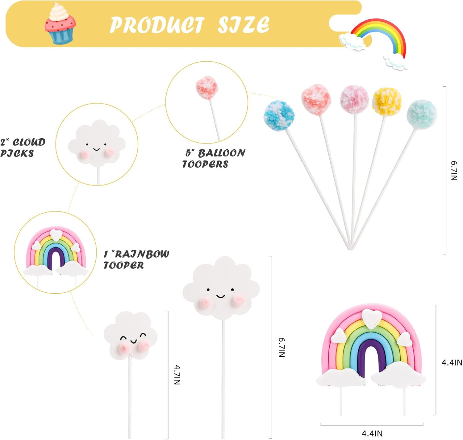 Decoración de pastel de arcoíris, juego de 8 piezas de decoración de pastel de arco iris, corazón pastel, nubes de arco iris, decoración de globos