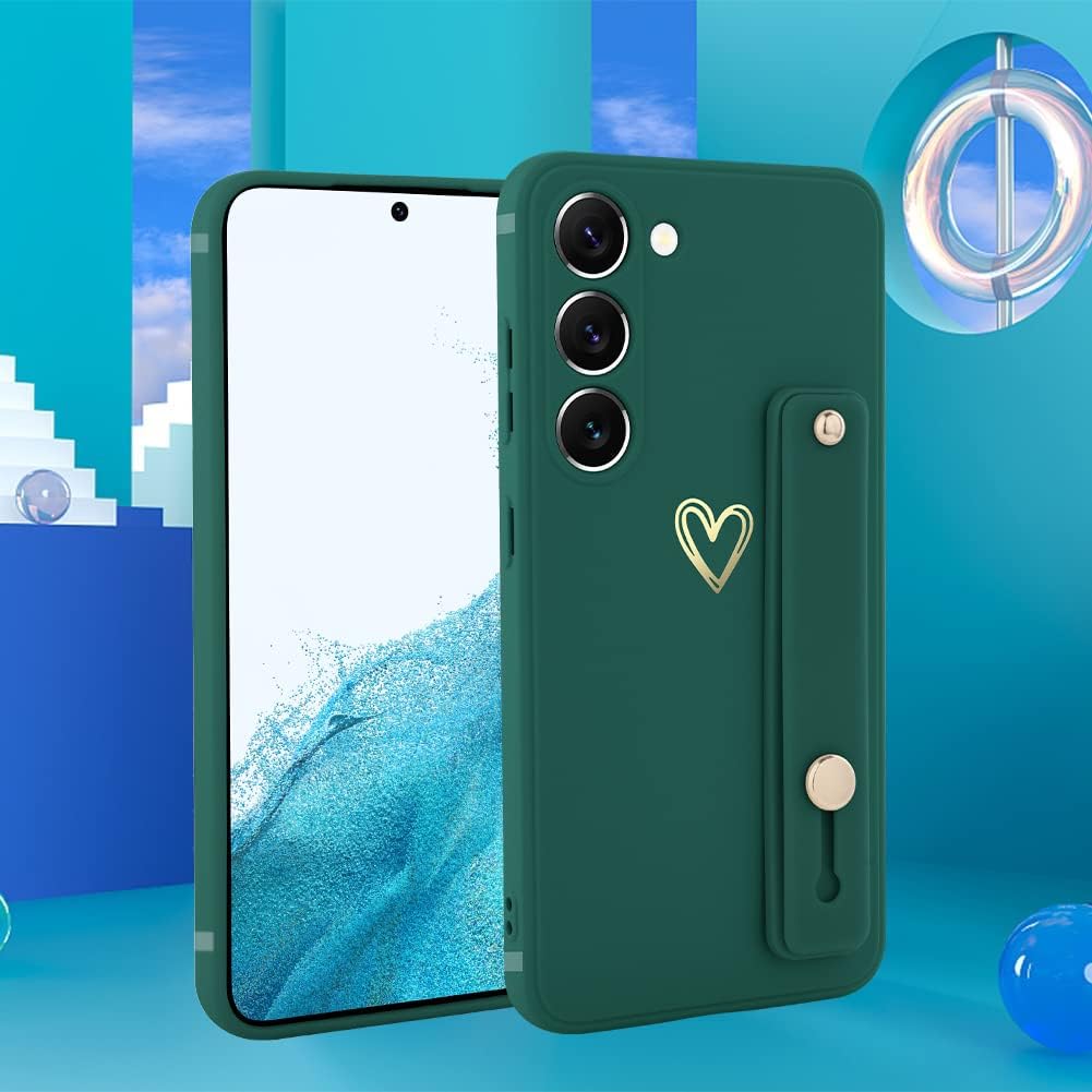 Funda compatible con Samsung Galaxy S23 para mujeres y niñas, bonito patrón de corazón dorado con soporte de mano para muñeca, delgada, de silicona