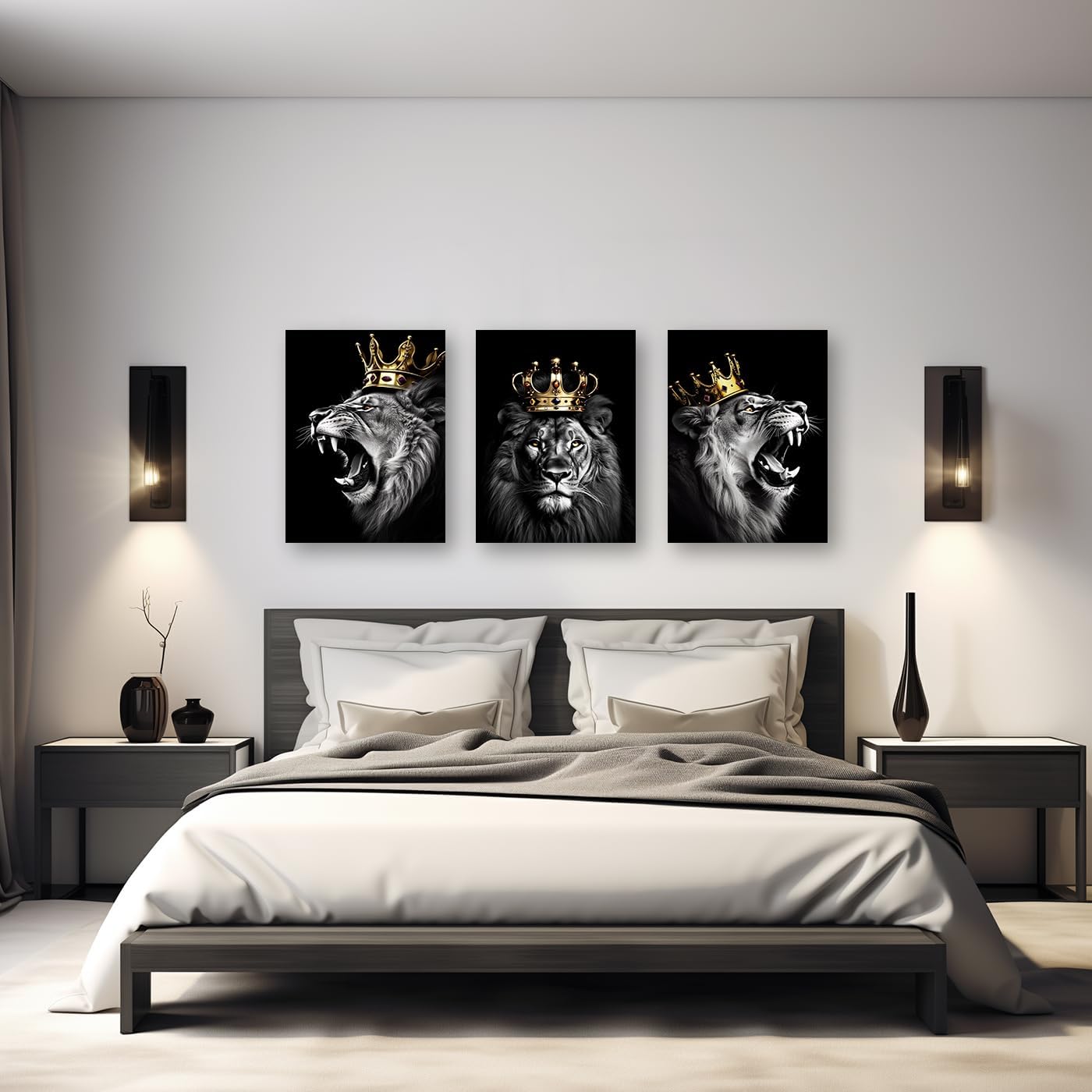 DOARTDO Cuadro de león para decoración de pared, 3 paneles, lienzo de animales en blanco y negro, arte de pared, arte de león con corona, marco