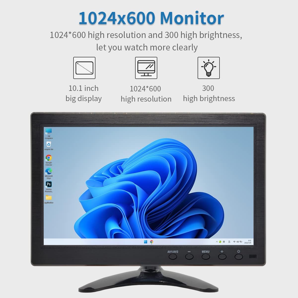 10.1 inch Security Monitor & Displays, 1024 * 600 Resolution, HDBNCAVVGAUSB Input, Built-in Dual Speakers Portable LCD Monitor, Suitable for Game