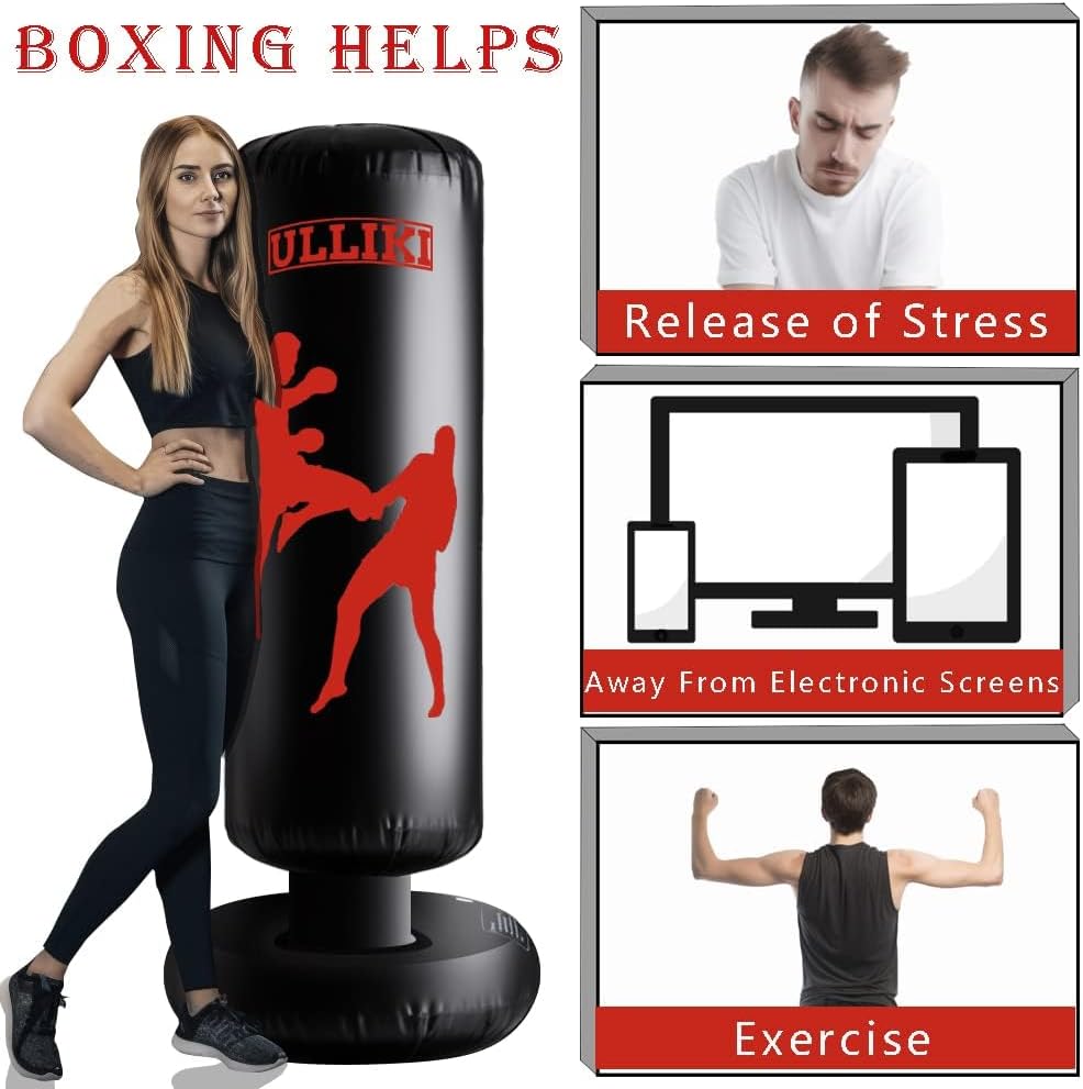 ULLIKI Saco de boxeo de 65 pulgadas para adultos y niños con guantes, bolsa de boxeo pesada independiente, equipo de entrenamiento de boxeo