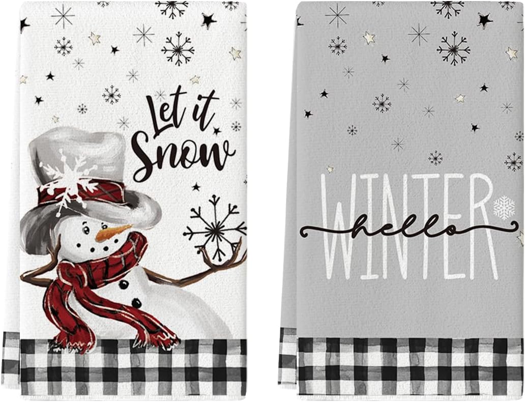 Artoid Mode Juego de 2 toallas de cocina de invierno con diseño de muñeco de nieve con diseño de muñeco de nieve de búfalo, 18 x 26 pulgadas,
