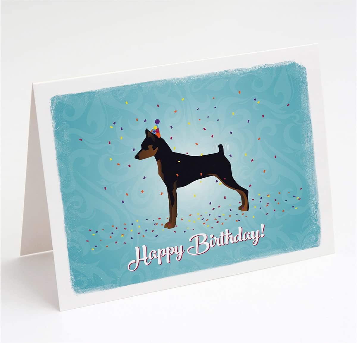 Breed Collection Tarjetas de felicitación y sobres de cumpleaños de perro Pinscher en miniatura, paquete de 8, tarjetas de notas en blanco tamaño A2
