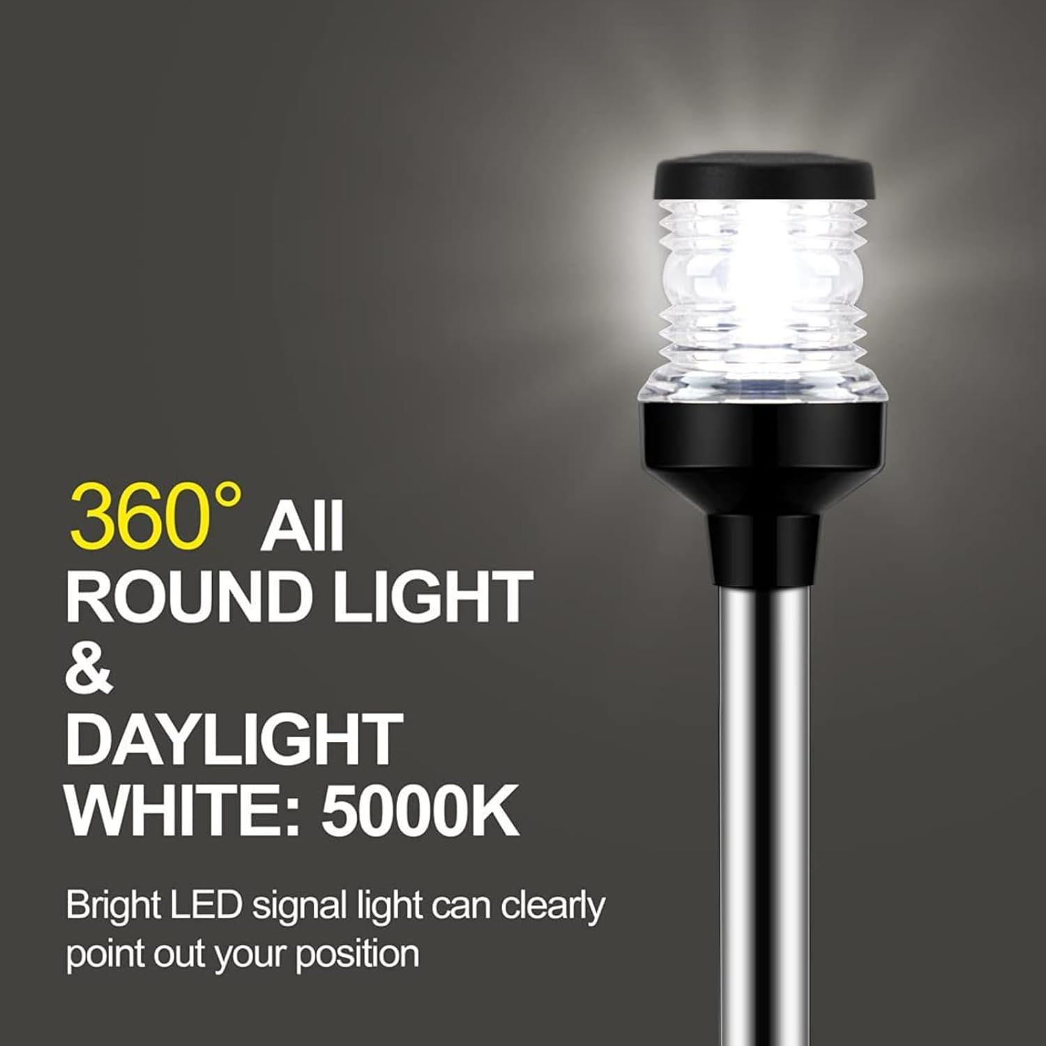 Yunseity Luz de popa para barco, luz LED de anclaje de 12 pulgadas, visibilidad de 2 NM, luces marinas todo redondo, IP65, impermeable, 360 grados,