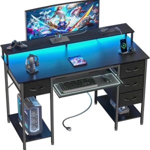 Escritorio para computadora con cajones y tomas de corriente, escritorio de juegos de 55 pulgadas con luces LED, escritorio de oficina en casa con Escritorio para computadora con cajones y tomas de corriente, escritorio de juegos de 55 pulgadas con luces LED, escritorio de oficina en casa con